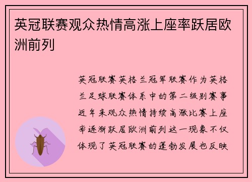 英冠联赛观众热情高涨上座率跃居欧洲前列