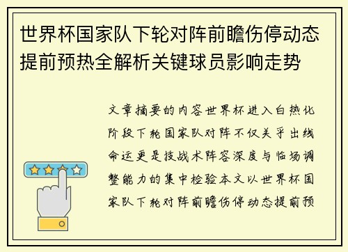 世界杯国家队下轮对阵前瞻伤停动态提前预热全解析关键球员影响走势