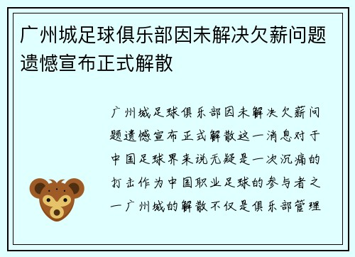 广州城足球俱乐部因未解决欠薪问题遗憾宣布正式解散