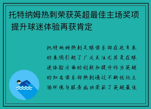 托特纳姆热刺荣获英超最佳主场奖项 提升球迷体验再获肯定