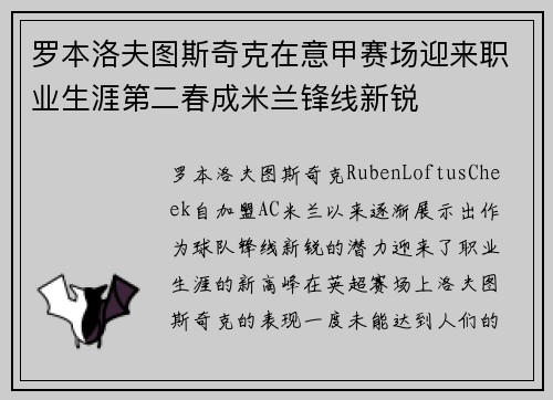 罗本洛夫图斯奇克在意甲赛场迎来职业生涯第二春成米兰锋线新锐 罗本洛夫图斯奇克在意甲赛场迎来职业生涯第二春成米兰锋线新锐