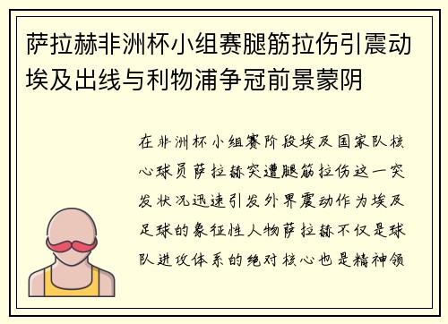萨拉赫非洲杯小组赛腿筋拉伤引震动埃及出线与利物浦争冠前景蒙阴 萨拉赫非洲杯小组赛腿筋拉伤引震动埃及出线与利物浦争冠前景蒙阴
